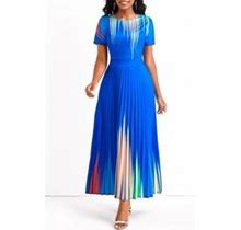 Rotita Women's Royal Blue Ombre Blue Pleated Midi Dress Pleated Ombre Round Neck Maxi Dress - Extra Large