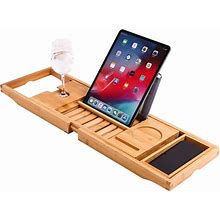 ZEZEN Bamboo Bath Caddy Tray | 100% Natural Bamboo Wooden Bathtub Tray With Book & Tablet Stand | Luxury Wine Glass Candle Holder | Natural Wood |