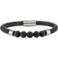 Men's Stainless Steel Black Leather Lava Bead Bracelet