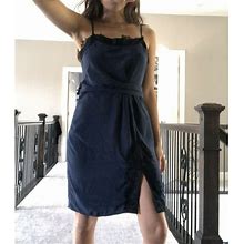 Victoria's Secret Dresses | Victoria's Secret Blue Dress Black Lace Slip Dress Slit Size 4 | Color: Blue | Size: 4