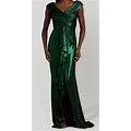 $508 Tadashi Shoji Women's Green Metallic Ruched Dress Size S