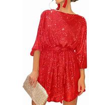 Women's Sequin Party Dress, Long Sleeve Cocktail Dress With Belt