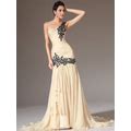 Champagne One Shoulder Sleeveless Beaded Applique Sheath Prom Dresses