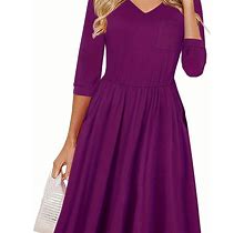 Solid Color V-Neck Pocket Dress, Women's Flared Casual V Neck Sleeve Slim Waist Dress With Pocket Women's Clothing Pleated,Fuchsia,Reliable,Temu
