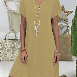 Solid Loose Midi Dress, Casual V Neck Short Sleeve Dress, Women's Clothing,Khaki,All-New,Temu