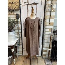 Antique French Brown Linen Dress Smock Initials EG Size M/L