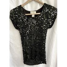 Vintage KROSHETTA By PAPILLON Sequined Knit Top Short Sleeve Black Sweater Shell Sz M/L Petite