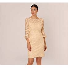 Adrianna Papell Light Bell Sleeve Rose Embroidered Sheath Dress In Champagne Size 39