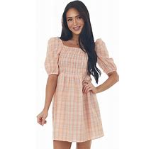 Umgee Peach Plaid Smocked 3/4 Puff Sleeve Mini Dress - Women's - Size L