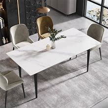 70.87 in. Rectangle Gray And Gold Sintered Stone Tabletop Dining Table With Carbon Steel Base (Seats-8)