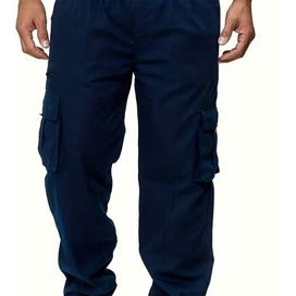 Elastic Waist Multi Pocket Solid Sports Trousers, Men's Non-Stretch Climbing Casual Loose Fit Outdoor Mountain Cargo Pants,Navy Blue,Trending,Temu