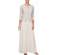 Alex Evenings Glitter Lace 34 Sleeve Square Neck Scallop Hem Bodice 2-Piece Jacket Gown, Womens, 18, Taupe
