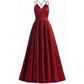 Molisa V Neck Satin Prom Dresses For Women 2024 Spaghetti Straps Formal Evening Party Ball Gowns With Pockets