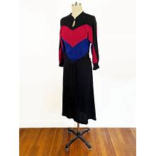 1970S Just Mort Black Wide Chevron Stipe Blue Fuchsia A-Line Sweater Dress Disco Knit Dress / Size Large