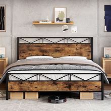 Metal Platform Bed Frame King Heavy Duty, No Box Spring Needed - Brown - Queen