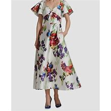 $725 Theia Women's White Short Flutter Sleeve Floral A-Line Midi Dress Size 2