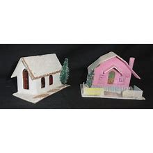 2 Vintage Christmas Putz House & Church Cardboard Glitter Japan