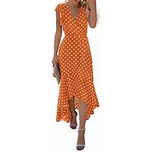 Grecerelle Womens Summer Floral Print Cross V Neck Dress Bohemian Flowy Long Maxi Dresses Pdorangelarge, 21 Polka Dots-Orange