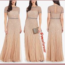 EUC $328 Adrianna Papell Cap Sleeve Beaded Mesh Gown Champagne [Petite 2P ] M794