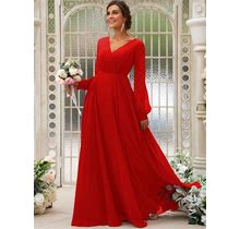 2024 A-Line Chiffon V-Neck Long Red Bridesmaid Dress With Sleeves