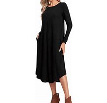 Snowsong Long Sleeve Dress,Midi Dresses Women Clothing Solid Color Knitted Side Seam Straight Pocket Curved Hem Loose Dress Casual Dresses,Long Sleeve