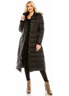 Haute Edition Women's Maxi Length Quilted Puffer With Fur Lined Hood, Size: Medium, Grey