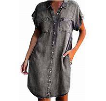Uppada Denim Dress For Women Summer Button Knee Length Dresses Solid Slim Short Sleeve Mini Dress Fashion Casual Dreeses