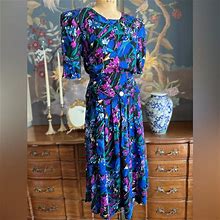 Vintage Dresses | Vintage 80S Mulicolor Floral With Pleated Cinched Geometric Waist Dress | Color: Blue/Purple | Size: 8