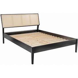 The Crawford Black And Natural Wood Frame Queen Panel Bed With Black Stain Natural Woven Cane Headboard