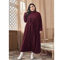 Plus Size Solid Color Sleeveless Half Turtle Neck Belted Dress And Loose Long Cardigan 2Pcs/Set,4XL