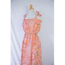 1960'S Smocked Coral Paisley Dress With Shoulder Ties / Small - Medium