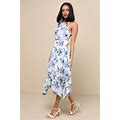 Blue And White Floral Print Midi Dress | Womens | Medium (Available In XS, S, L, XL) | 100% Cotton | Lulus Exclusive | Blue/White | Blue Dresses