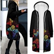 Follure Overcoats For Women Casual Crew Neck Long Sleeve Floral Printing Casual Zipper Hooded Jacket Coat