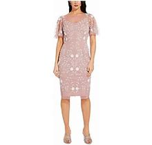 Adrianna Papell Womens Pink Embellished Short Sleeve Illusion Neckline Knee Length Formal Sheath Dress 18