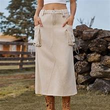 Zunfeo Denim Skirts For Women Trendy Casual Maxi Cargo Skirts With Pockets High Waisted Fall Straight Western Cowboy Skirts Khaki 4