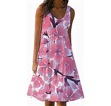 Fragarn Sundresses For Women Casual Beach, Women's Summer Floral Print Beach Dress Round Neck Sleeveless Dress