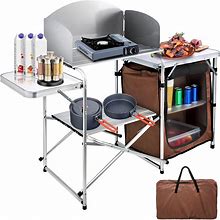 VEVOR Camping Kitchen Table, Aluminum Portable Folding Camp Cook Station With Windscreen, Cupboard, Storage Organizer, Carrying Bag, Quick