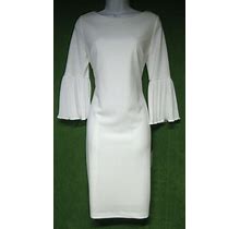 Calvin Klein Off-White Pleated Chiffon Bell Sleeve Stretch Sheath Dress 8 $134