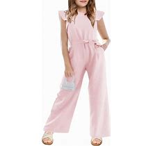 Girls Casual Jumpsuit Kids Fashion Cap Sleeve Belted Wide Leg Romper One Piece Outfits With Pockets