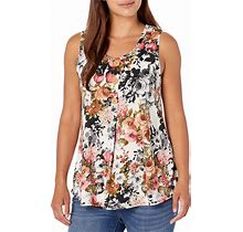 Star Vixen Women's Sleeveless Button Front Flowy Tank Top With Pleated Detail