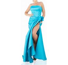 Terani Couture Strapless Straight Neckline Draped Bow Long Dress - Turquoise