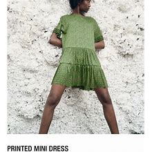 Zara Dresses | Short Dress With Wide Neckline And Short Sleeves With Ruffled Elastic Cuffs. | Color: Green | Size: S