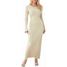 Women Ribbed Knit Long Sleeve Maxi Dress Slim Fit Solid Color Bodycon Pencil Long Dress Casual Fall Winter Clothes