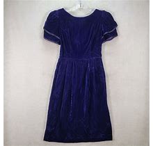 Petite Lanz Womens Dress Size 8 Purple Velvet Ruffle Sleeve Vintage