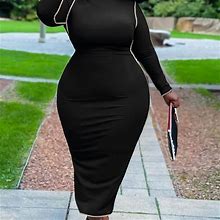 Plus Size Solid Color Crew Neck Bodycon Dress, Women's Casual Clothing Long Sleeve Midi Dress,Black,Handpicked,Temu