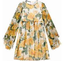 Dolce & Gabbana Kids - Rose-Print Long-Sleeve Dress - Kids - Silk - 8 - Yellow