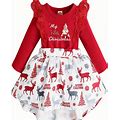 Christmas Infant Girls Long Sleeve Splicing Printed Romper Dress, Casual Cute & Sweet Dress,High Demand,Temu