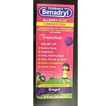 Children's Benadryl Allergy Plus Congestion Relief Grape 4Oz (118 Ml) EXP 05/25