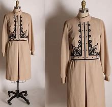 1960S Tan And Black Abstract Soutache Swirl Military Look Long Sleeve Dress By Jan Sue Of California -L