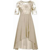 Wtxue Dresses For Women 2024, Women's Tea Length Embroidery Lace Chiffon Dress Mock Dress, Gold Dresses For Women, 1 Gold L